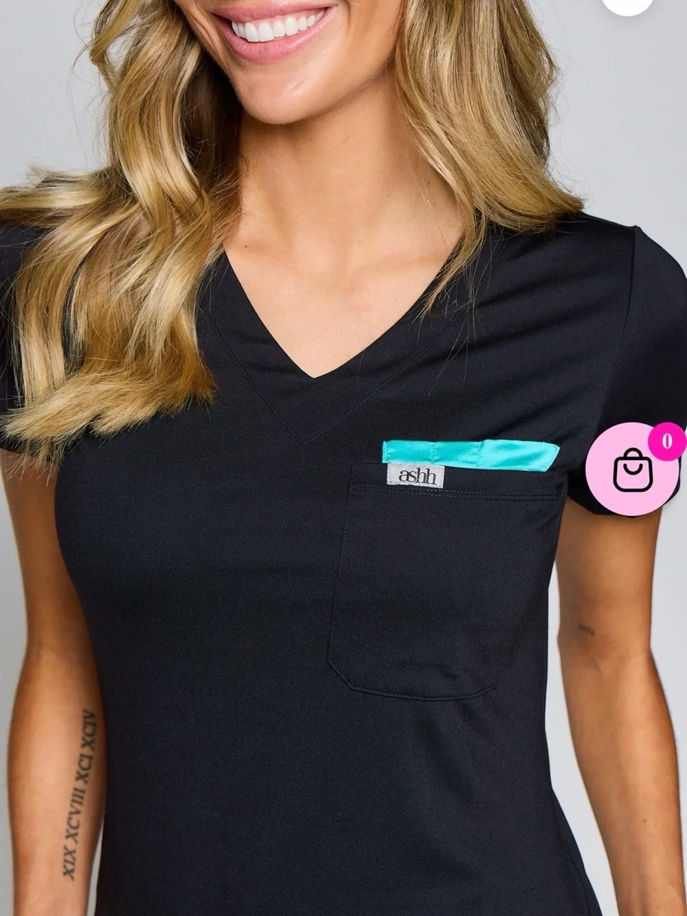 Ashh Scrubs Aneesa Black V-Neck Short Sleeve Top. Size M. - Picture 4 of 5
